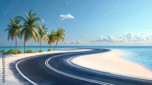 Winding coastal road curving along a tropical beach with palm trees under a clear sky.