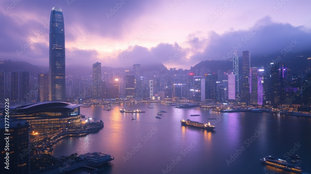 Fototapeta premium A smart city at dusk with cyber-themed digital overlays showcasing data-driven engineering.