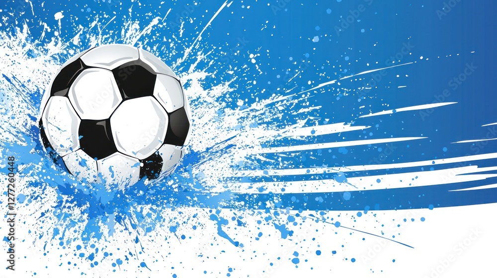 Naklejka premium Soccer ball exploding in paint splatter. Background abstract, dynamic. Possible use Sports poster, website graphic