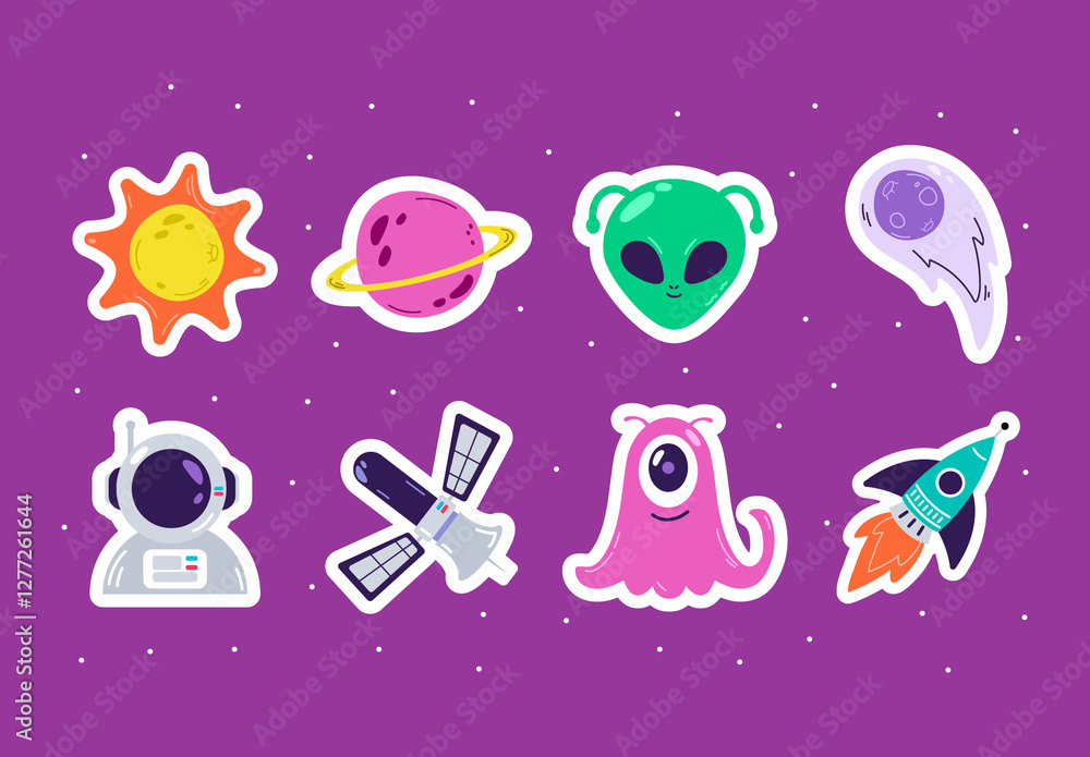 Colorful Flat Outer Space Exploration Sticker Illustration Set Stock ...