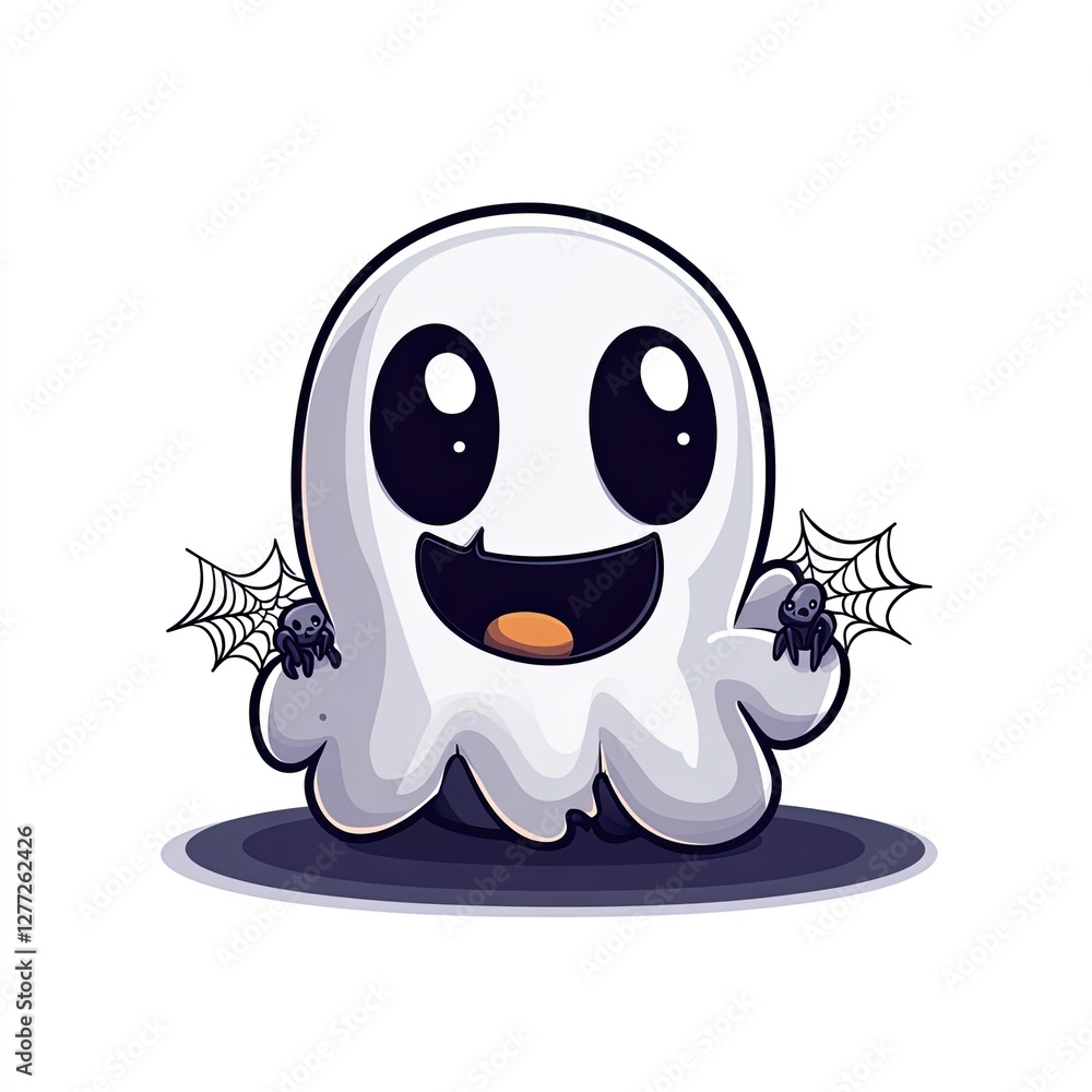 Obraz premium A cute cartoon ghost with a big smile and two small spiders on its hands.