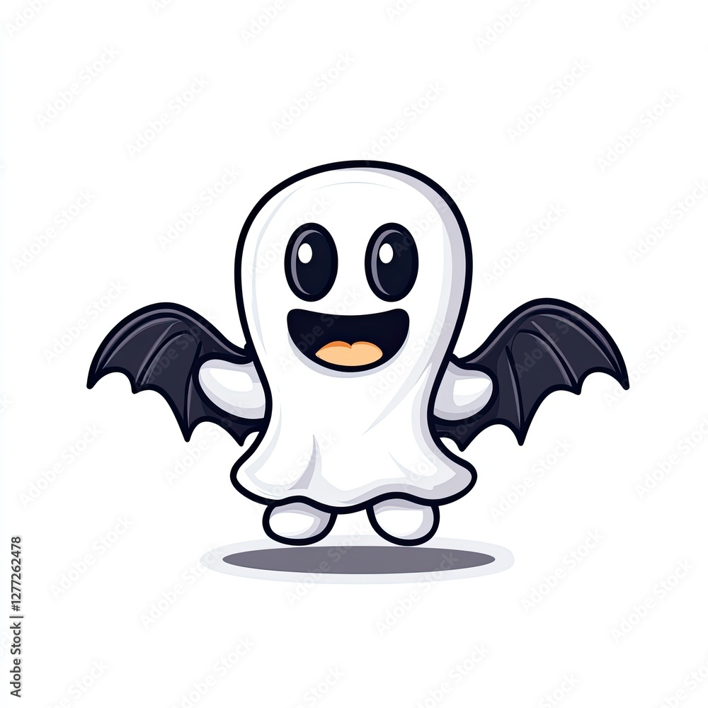 Obraz premium A cute cartoon ghost with bat wings smiles cheerfully.