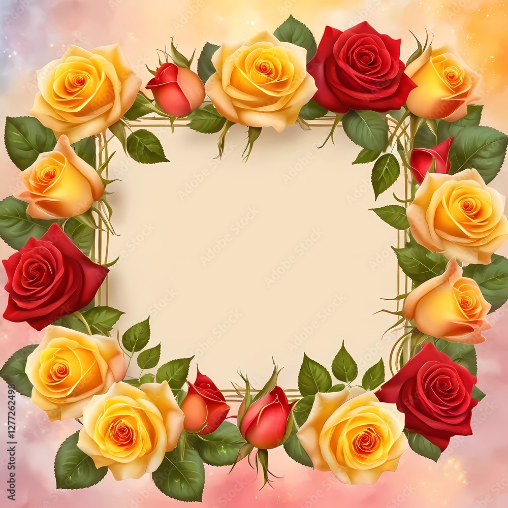 Roses in shades of red and yellow create a stunning border around an empty area. This design offers a lovely canvas for heartfelt notes and special messages. Generative AI Roses in shades of red and yellow create a stunning border around an empty area. This design offers a lovely canvas for heartfelt notes and special messages. Generative AI