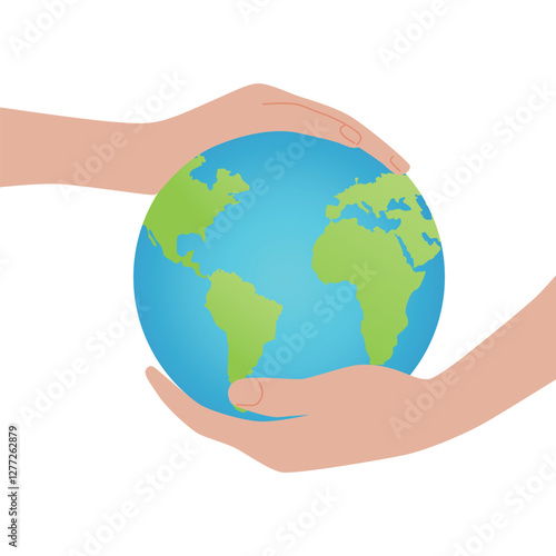 Earth Day. Hands holding a planet symbolizing protection of the Earth. Flat simple style, vector illustration in blue and green color.