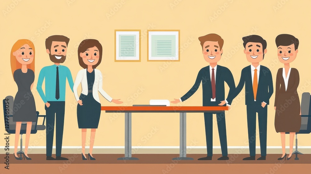Fototapeta premium Business professionals smiling and shaking hands in a boardroom, representing leadership.