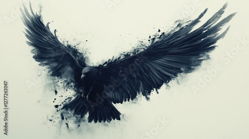 Abstract painting of a black bird in flight, wings spread wide, surrounded by dark ink splatter.