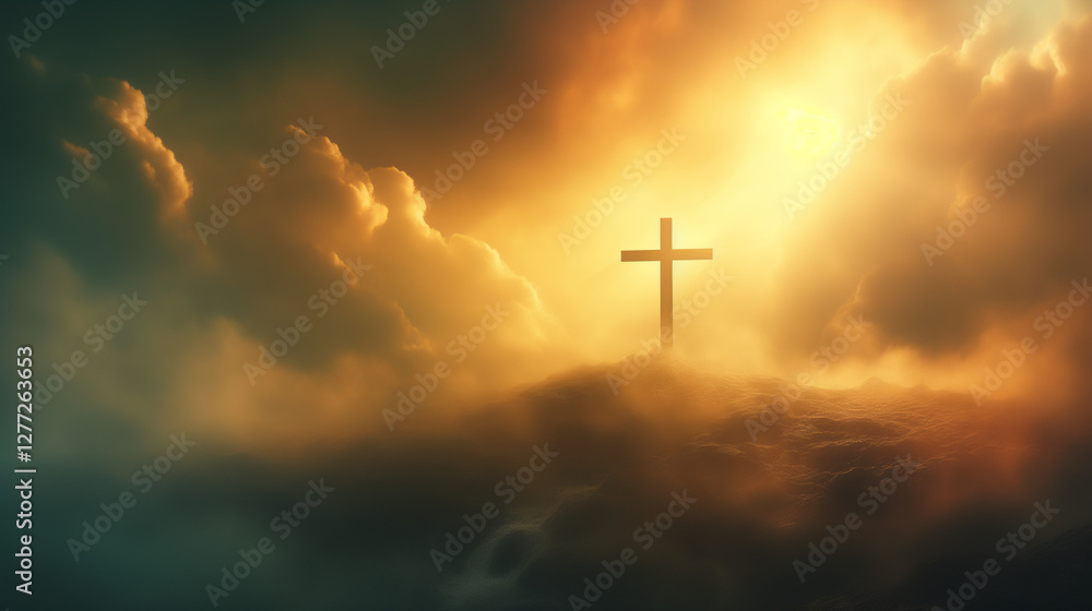 Naklejka premium The Cross of Golgotha with Stormy Skies and Holy Light - Christian PowerPoint Background with iconography