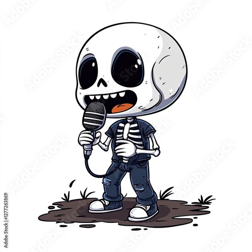 A cute cartoon skeleton with a microphone singing.