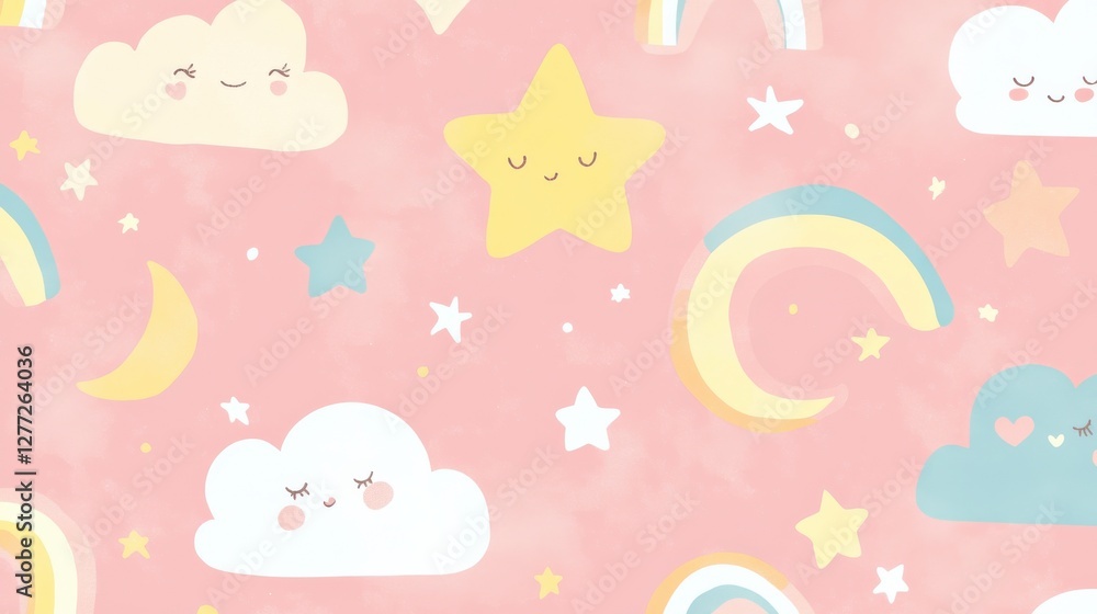 Cute Pastel Background with Clouds, Stars, Rainbows, and Smiles Cute Pastel Background with Clouds, Stars, Rainbows, and Smiles