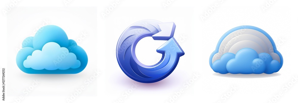 Fototapeta premium Three glossy icons on a white backdrop: a blue cloud, a circular arrow, and a cloud with a rainbow, all in blue and white tones.