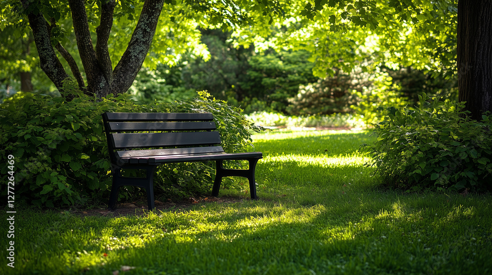 A serene park bench amidst lush greenery, embodying tranquility and nature's calm embrace. A serene park bench amidst lush greenery, embodying tranquility and nature's calm embrace.