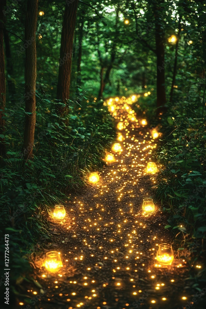 Obraz premium Sparkling pathway illuminated by glowing lanterns in a tranquil forest at twilight