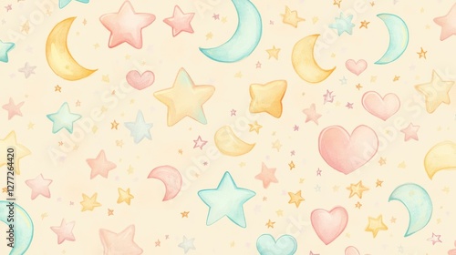 Whimsical Pastel Background with Stars, Moons, and Hearts Design