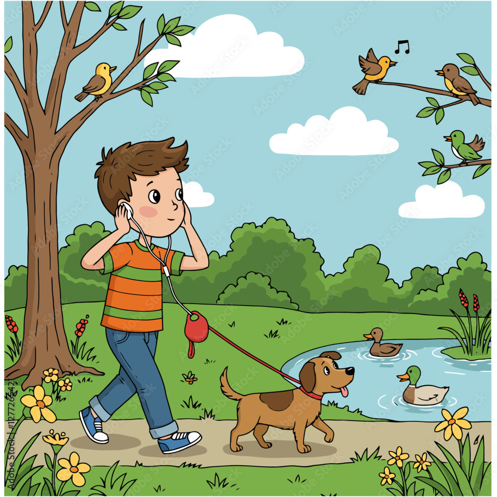 Fototapeta premium Boy Listening to Music Walking Dog in Park with Birds and Pond