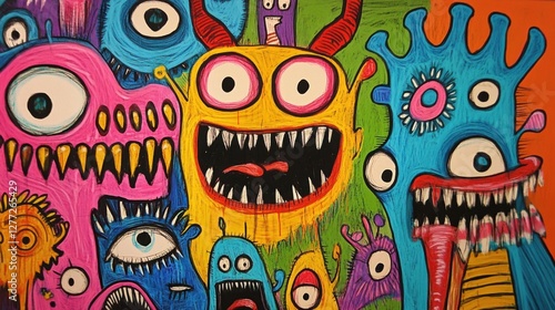 Colorful Monster Faces in Abstract Art Design for Playful Vibe
