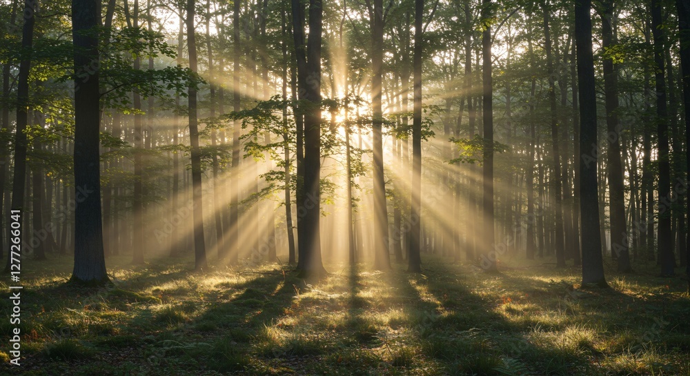 Obraz premium Peaceful forest with sun rays shining through the trees in early morning light