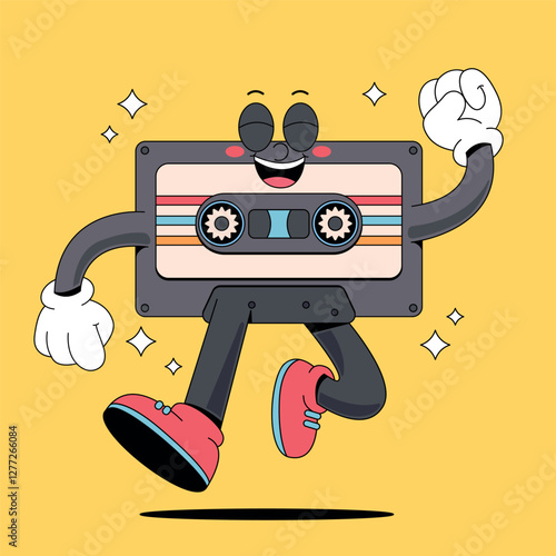 Happy cassette tape cartoon mascot