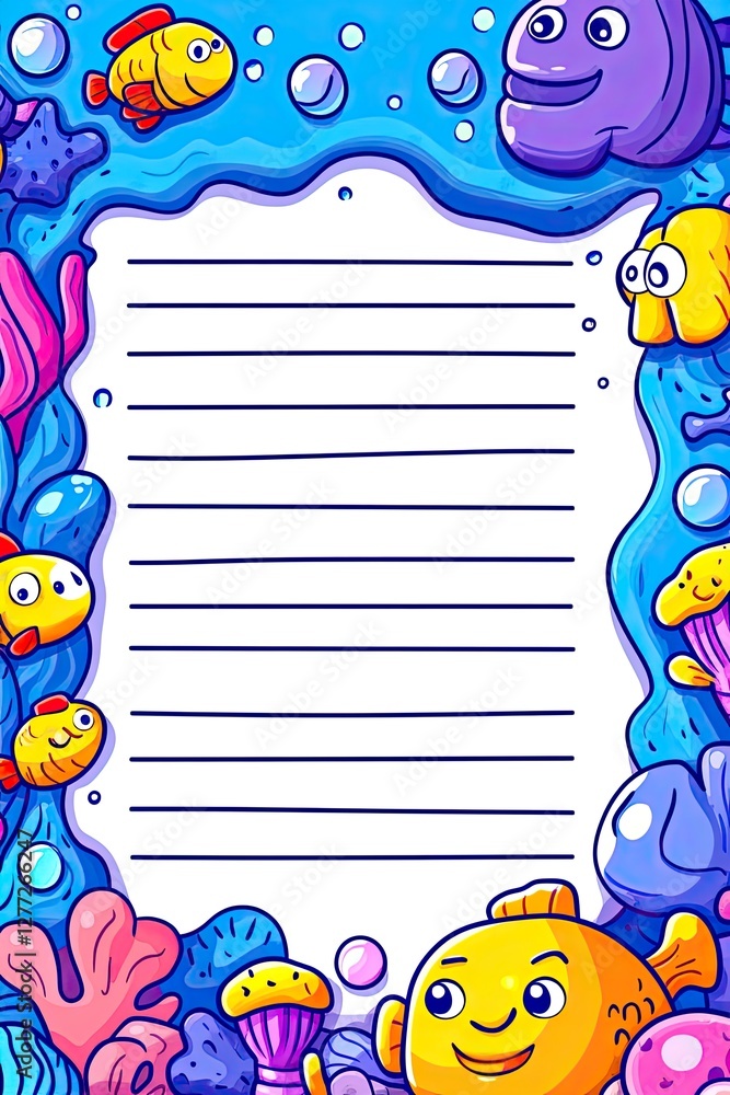 Fototapeta premium A blank sheet of paper with a blue ocean border and colorful fish and coral.