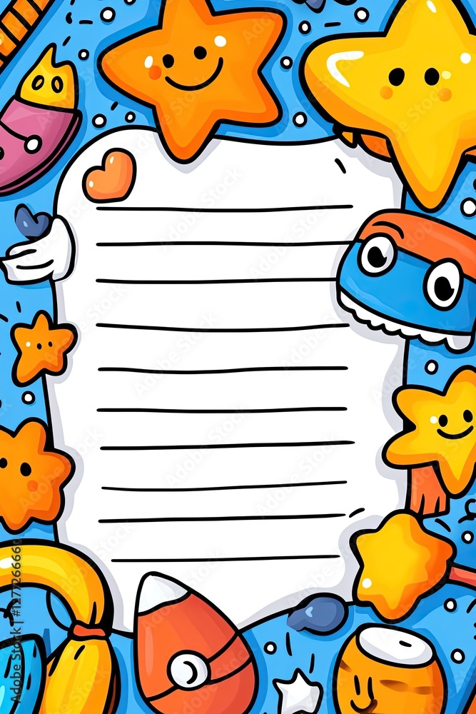 Fototapeta premium A blue background with a blank lined paper in the center surrounded by cute cartoon doodles.