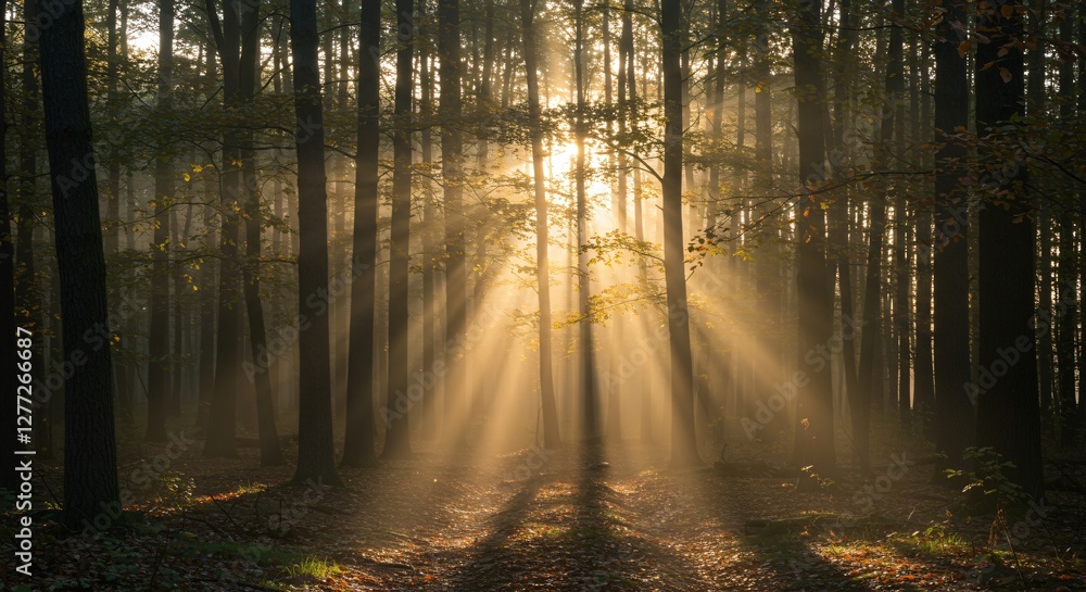 Fototapeta premium Peaceful forest with sun rays shining through the trees in early morning light