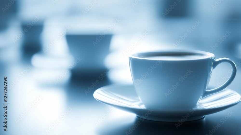 Office Coffee Break Cups on Table, Blurred Background Office Coffee Break Cups on Table, Blurred Background