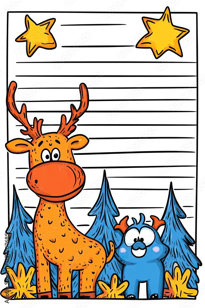 Fototapeta premium A cartoon deer and a blue monster with stars and trees on lined paper.