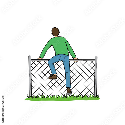 Cartoon Man Climbing Over Fence Illustration with Isolated Background