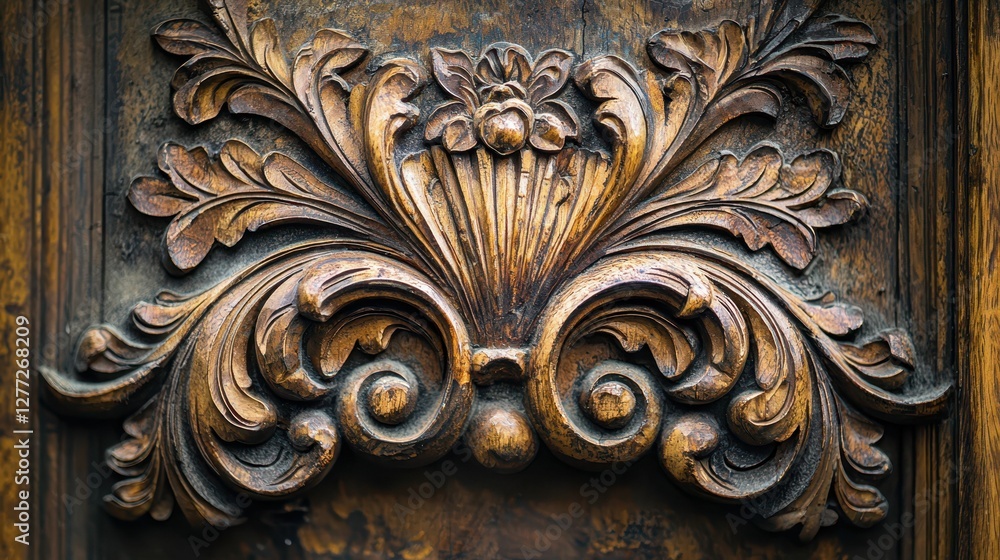 Ornate Wood Carving with Intricate Floral Design and Textures Ornate Wood Carving with Intricate Floral Design and Textures