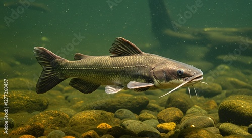 Catfish Swimming Underwater in Natural Habitat with Rocks and Murky Water