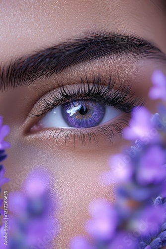Unique close-up of a woman's eye surrounded by purple flowers capturing natural beauty and vibrant colors in a serene setting