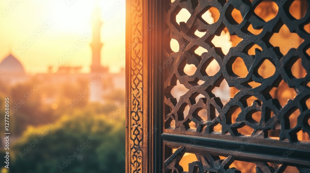 Intricate Wooden Screen with Sunset View of Historical Cityscape Intricate Wooden Screen with Sunset View of Historical Cityscape