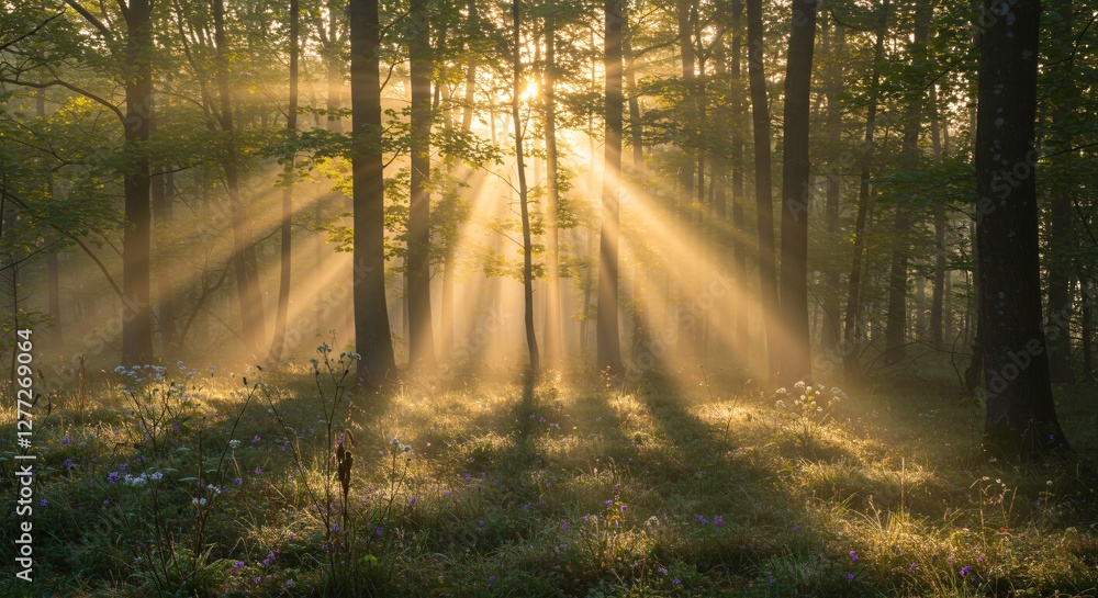 Obraz premium Peaceful forest with sun rays shining through the trees in early morning light