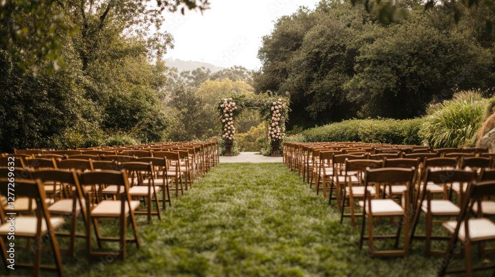 Elegant Outdoor Wedding Ceremony Setup with Chairs and Floral Arch Elegant Outdoor Wedding Ceremony Setup with Chairs and Floral Arch