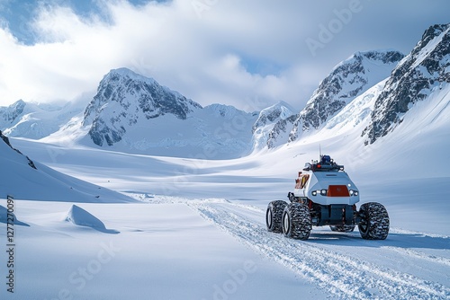 Robotic vehicle exploring a snow-covered landscape with towering mountains during early morning light