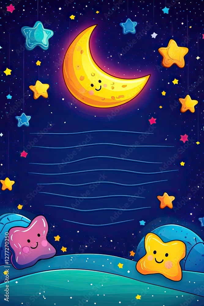 Naklejka premium A cheerful cartoon crescent moon with stars and smiling stars, with blank space for text, set against a dark blue night sky.