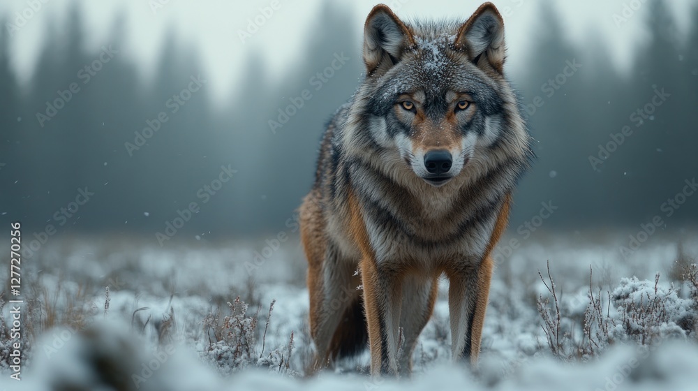 Fototapeta premium Grey wolf in snowy forest; wildlife; nature; tranquil scene; educational; stock photo