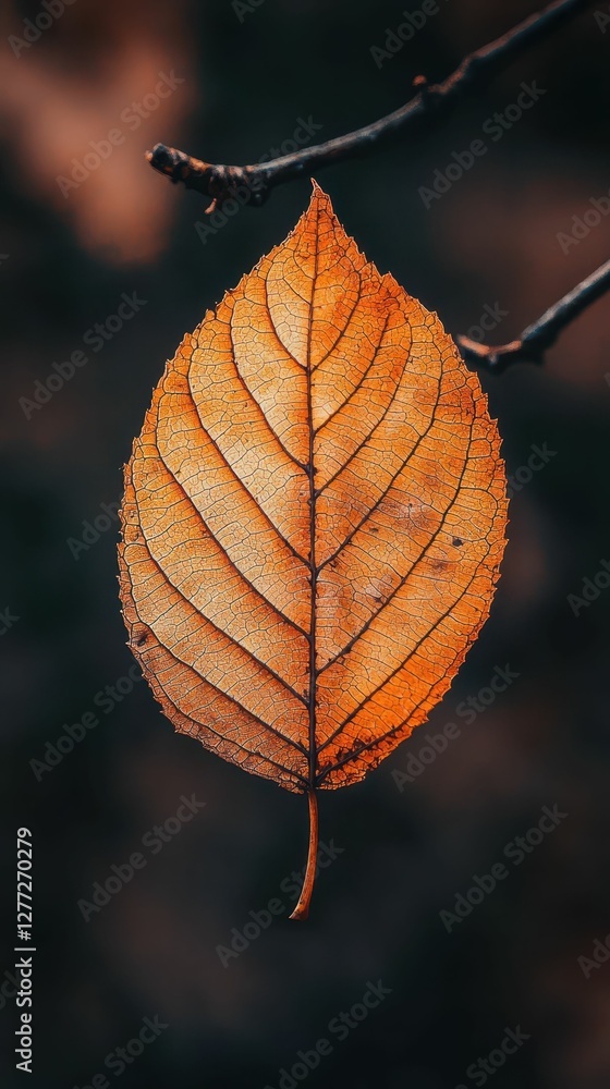 Golden Leaf on Branch with Textured Veins and Dark Background Golden Leaf on Branch with Textured Veins and Dark Background
