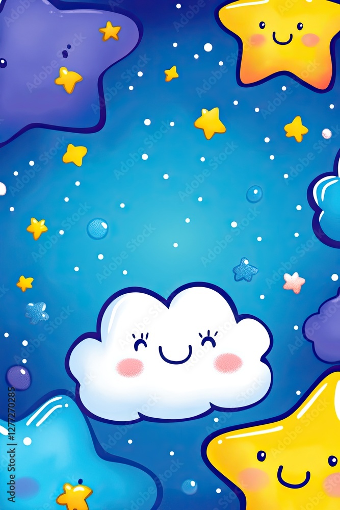 Fototapeta premium A cheerful cloud with a smiling face surrounded by stars in a night sky.