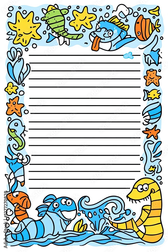 Fototapeta premium A colorful and fun ocean-themed lined paper, perfect for kids to write on or use for crafts.