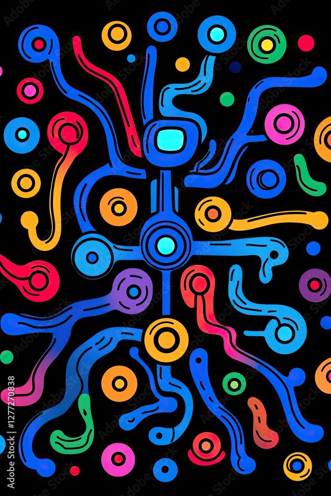 Fototapeta premium A colorful abstract design with various geometric shapes, including circles, squares, and lines, on a black background.