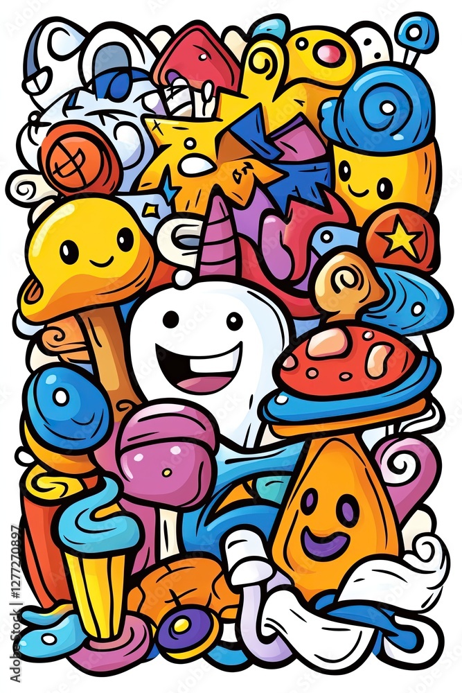 Fototapeta premium A colorful and whimsical doodle illustration with cute characters and abstract shapes.