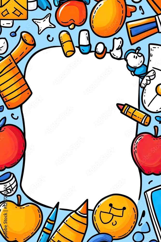 Fototapeta premium A colorful doodle border of school supplies with a blank white space for text.
