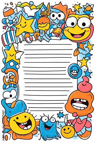 A colorful doodle border of smiling faces, stars, and other fun characters surrounds a lined writing space.