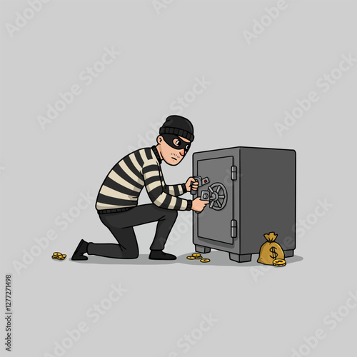 Cartoon Burglar Cracking Safe with Money Bag and Gold Coins