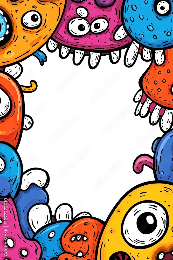 Obraz premium A colorful frame of cartoon monsters with big eyes and funny teeth surrounding a white space.