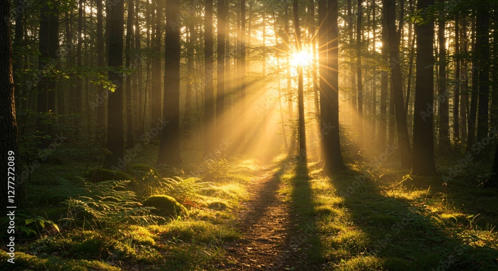 Obraz premium Peaceful forest with sun rays shining through the trees in early morning light