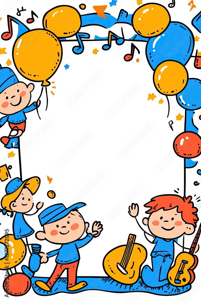 Fototapeta premium A colorful hand-drawn illustration of children celebrating with balloons, music notes and a blank space for your message.