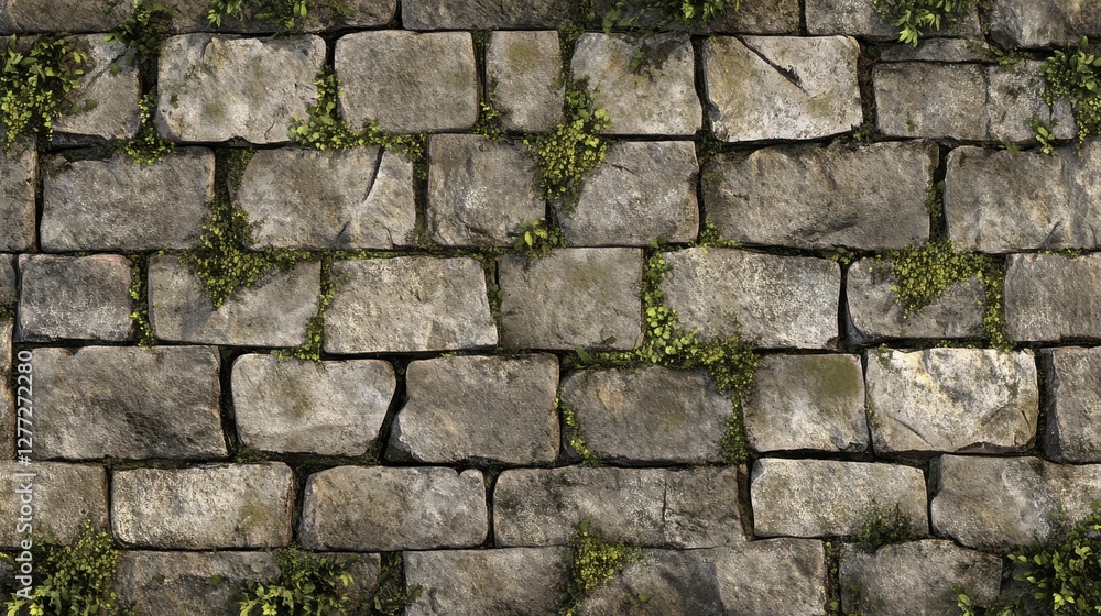 Obraz premium Textured Stone Wall with Greenery and Natural Elements