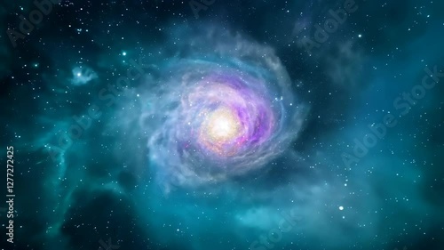 A mesmerizing view of a distant spiral galaxy with swirling stars and glowing cosmic dust in deep space.  

