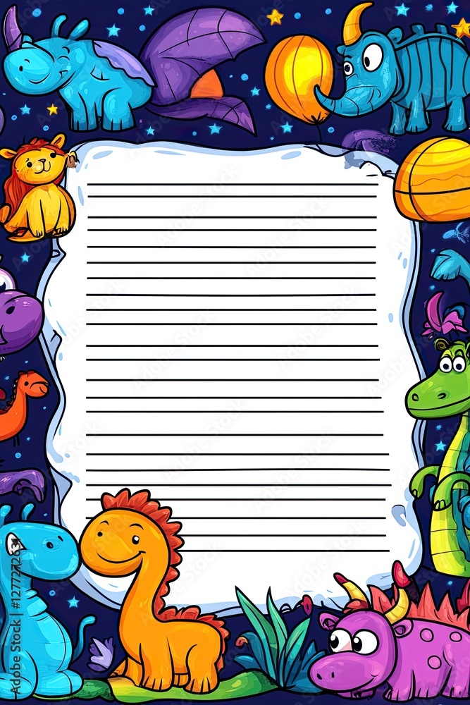 A colorful, blank lined sheet of paper surrounded by cute cartoon dinosaurs. A colorful, blank lined sheet of paper surrounded by cute cartoon dinosaurs.